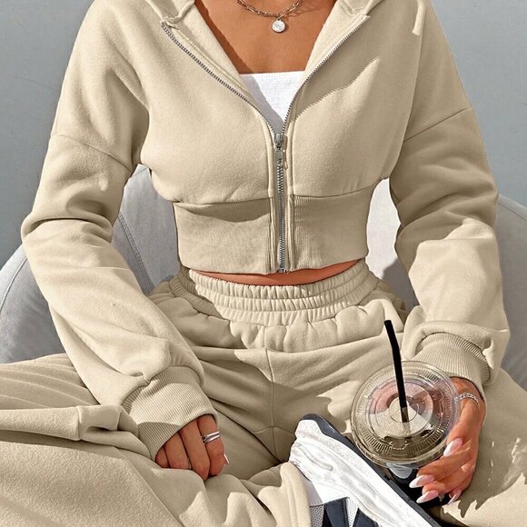 Khaki Casual Women's Zipper Front Hoodie And Pants Set - Picture 2 of 7